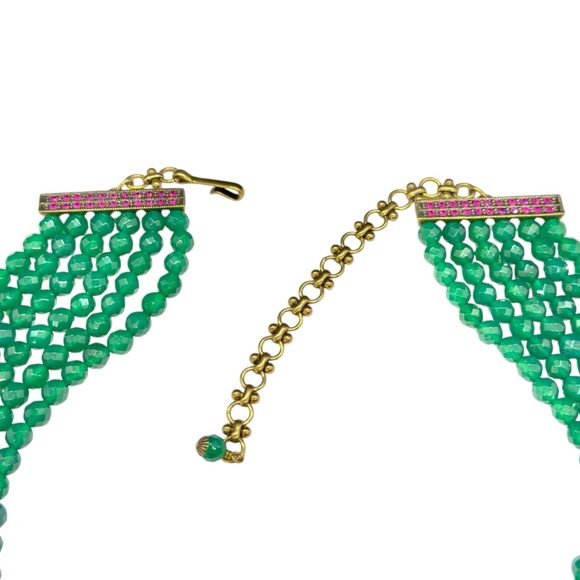 Heidi Daus Far Cry From Shy 6 Strand Green & Coral Bead Crystal Scarab Necklace - Picture 10 of 12